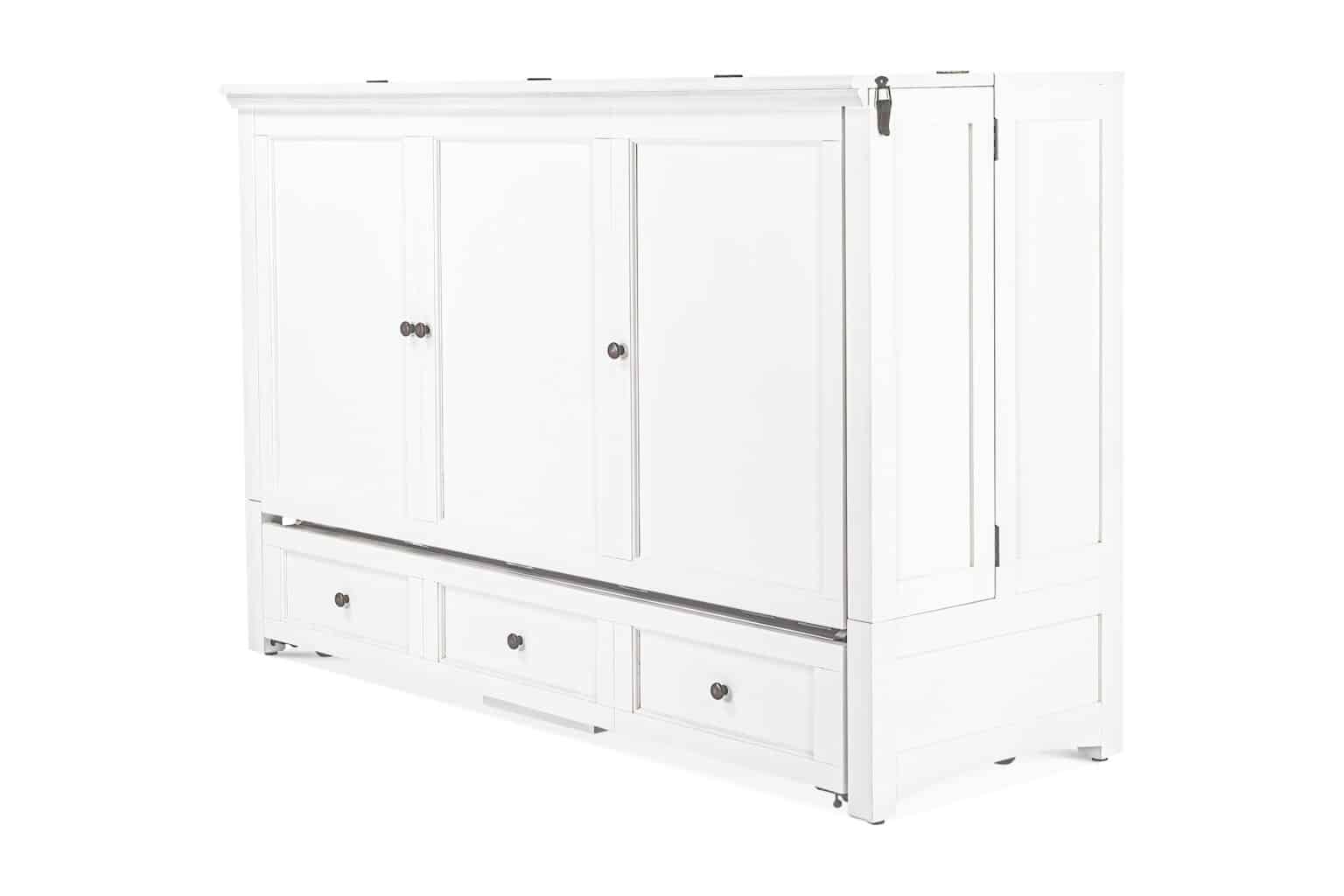 White solid wood Murphy cabinet bed with closed doors and drawer storage, free-standing design