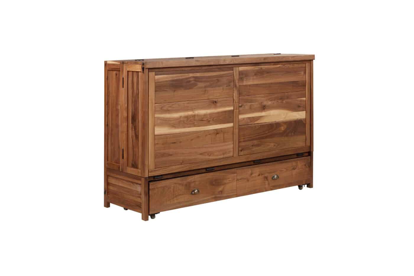 solid Black Walnut Murphy cabinet bed with closed doors and drawer storage, free-standing design