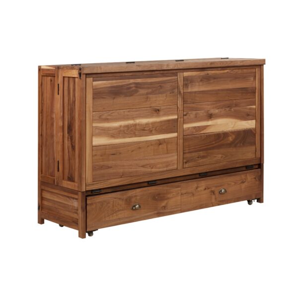 solid Black Walnut Murphy cabinet bed with closed doors and drawer storage, free-standing design