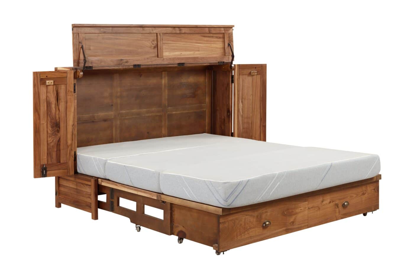 solid Black Walnut Murphy cabinet bed with closed doors and drawer storage, free-standing design